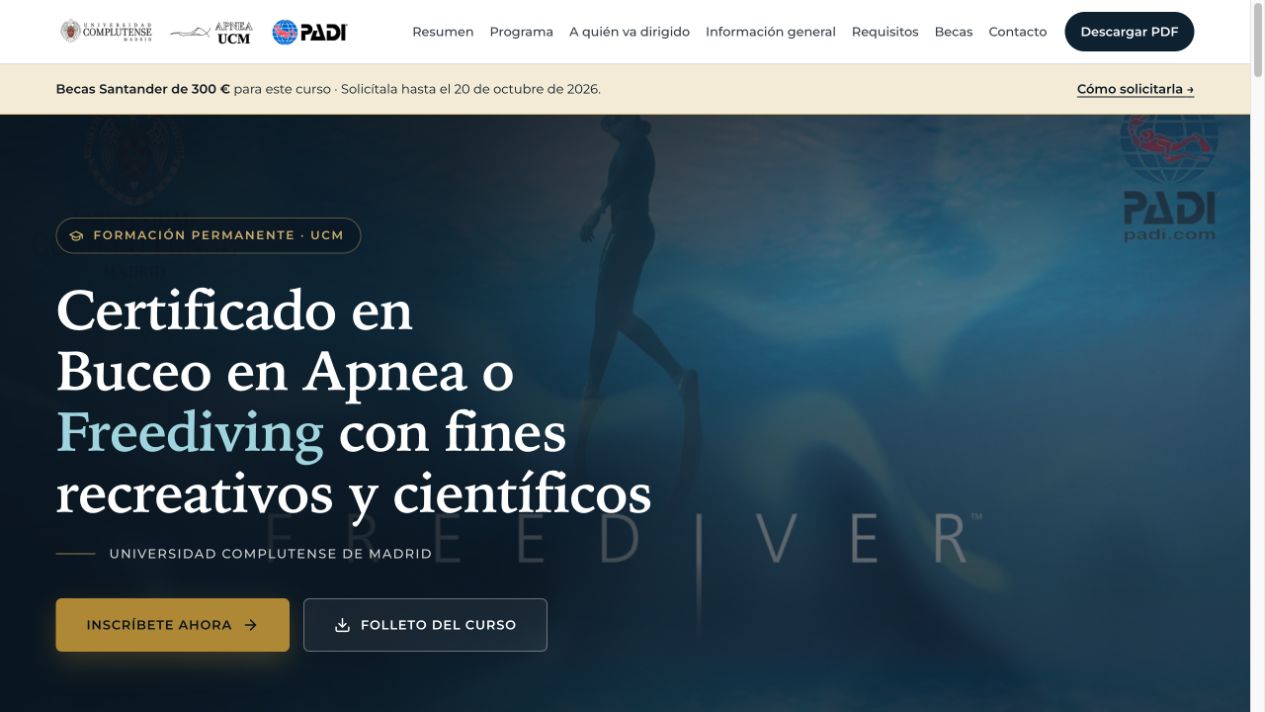 Vista previa de la web: Certificado en Buceo en Apnea o Freediving (se abre en una pestaña nueva)
