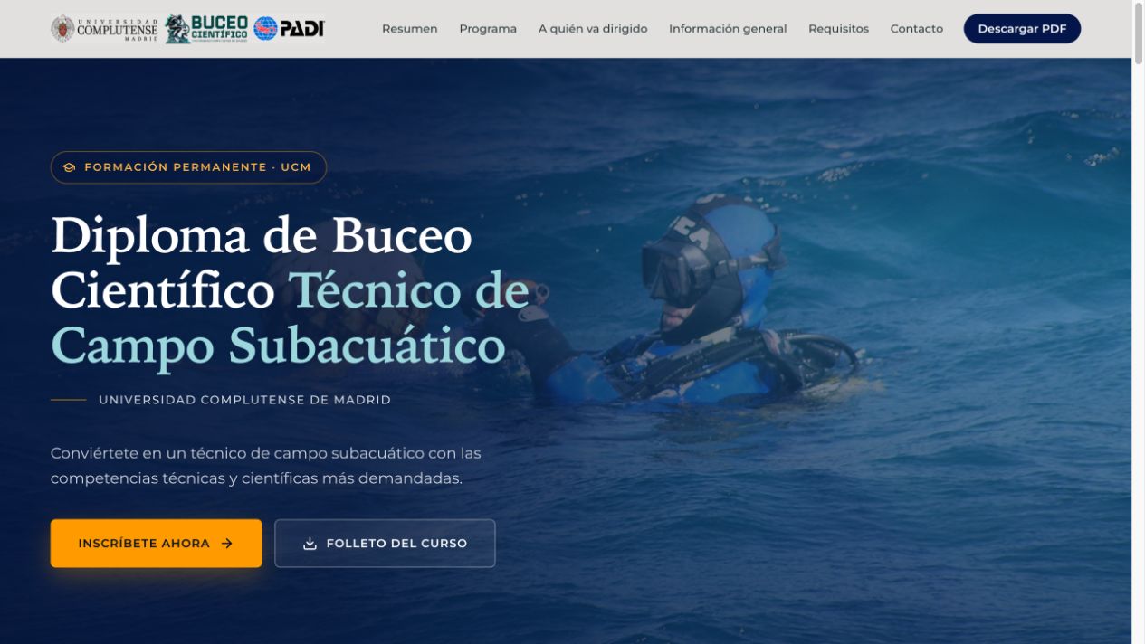 Vista previa de la web: Diploma de Buceo Científico (se abre en una pestaña nueva)